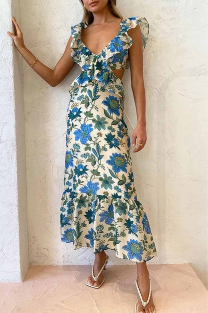 Blomstret Elegant Sommer Maxi Kjole Med Flæser
