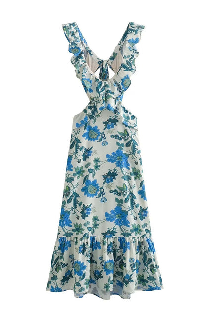 Blomstret Elegant Sommer Maxi Kjole Med Flæser
