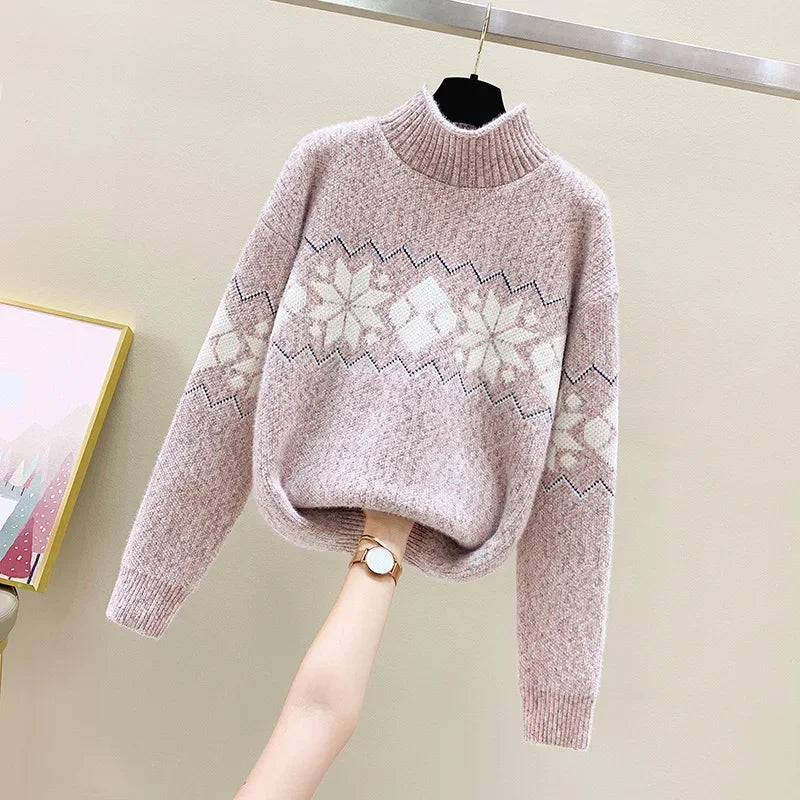 Snefnug | Julesweater med rullekrave og snefnugmønster i afslappet pasform