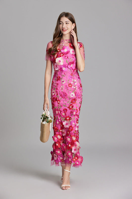 Dame Elegant Blomstret Broderet Gennemsigtig Maxikjole