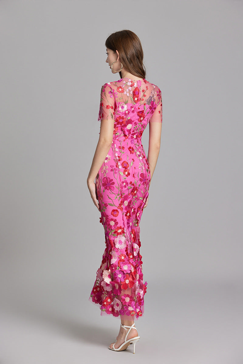 Dame Elegant Blomstret Broderet Gennemsigtig Maxikjole