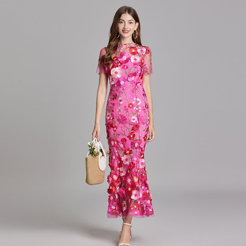 Dame Elegant Blomstret Broderet Gennemsigtig Maxikjole