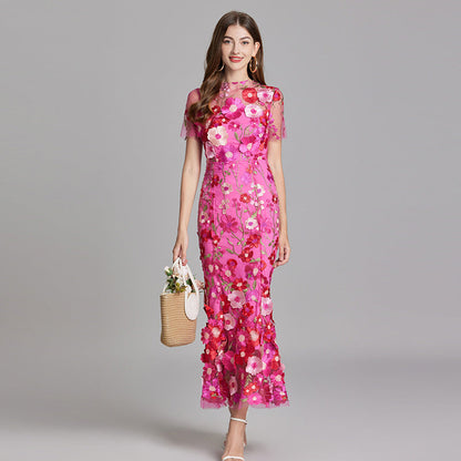 Dame Elegant Blomstret Broderet Gennemsigtig Maxikjole