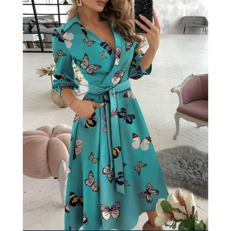 Dame Elegant Stilfuld Sommerfugleprint Omslagskjole