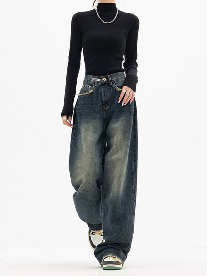 Dame Denim Bukser med Brede Ben og Vasket Look
