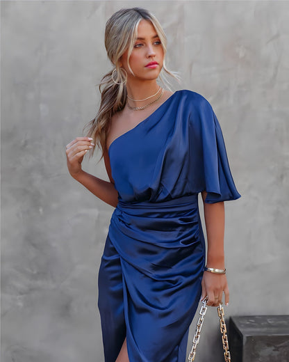 Dame Elegant Enskulder Draperet Satin Midikjole
