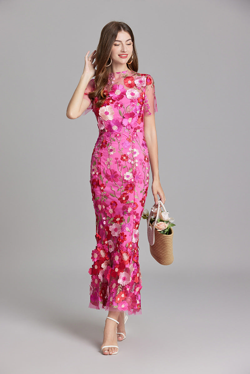 Dame Elegant Blomstret Broderet Gennemsigtig Maxikjole