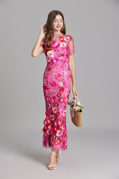 Dame Elegant Blomstret Broderet Gennemsigtig Maxikjole