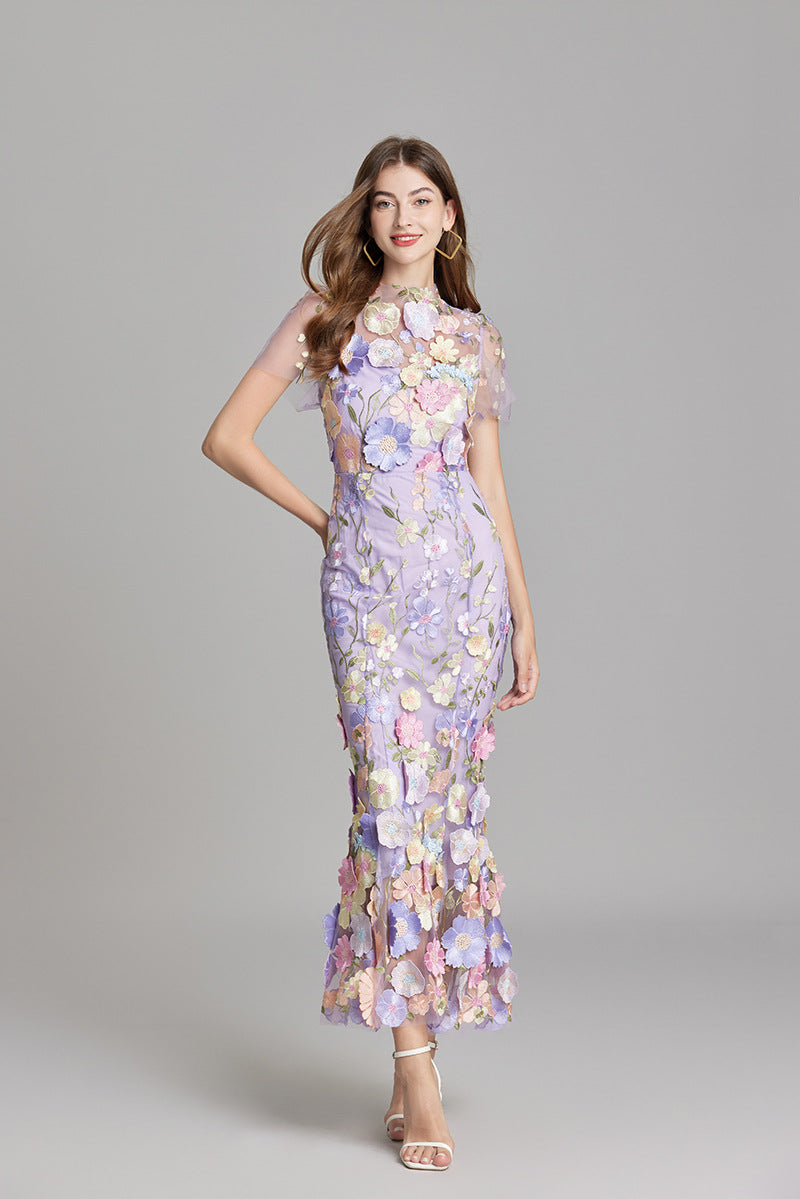 Dame Elegant Blomstret Broderet Gennemsigtig Maxikjole