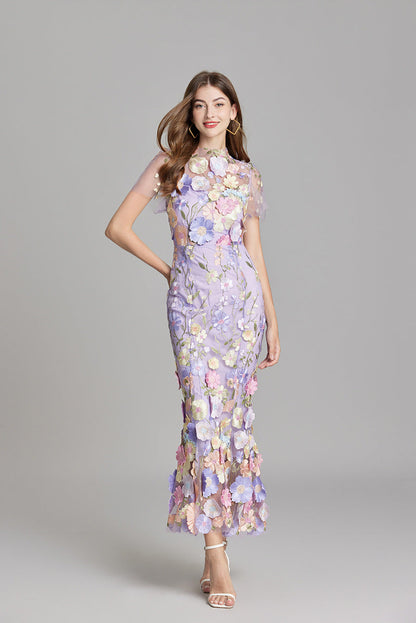 Dame Elegant Blomstret Broderet Gennemsigtig Maxikjole