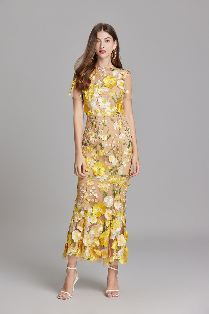 Dame Elegant Blomstret Broderet Gennemsigtig Maxikjole