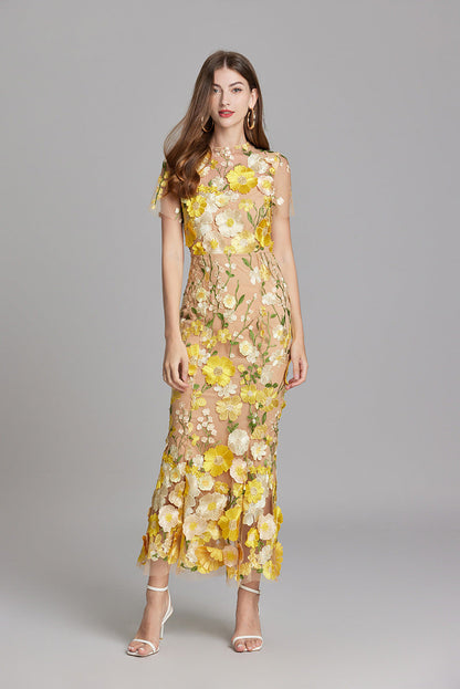Dame Elegant Blomstret Broderet Gennemsigtig Maxikjole