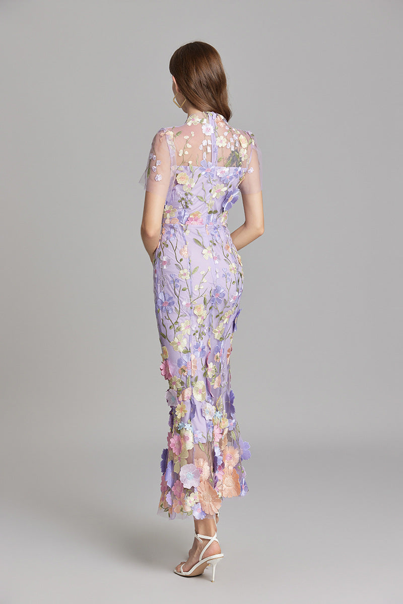 Dame Elegant Blomstret Broderet Gennemsigtig Maxikjole