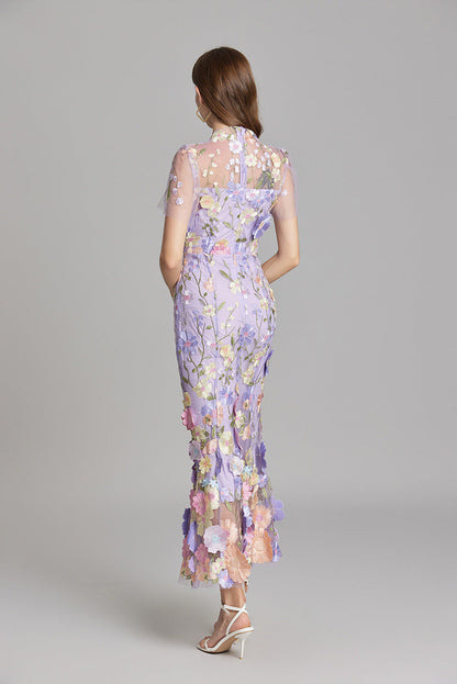 Dame Elegant Blomstret Broderet Gennemsigtig Maxikjole