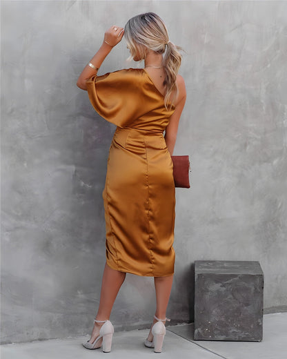 Dame Elegant Enskulder Draperet Satin Midikjole