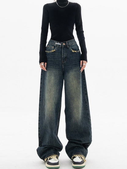 Dame Denim Bukser med Brede Ben og Vasket Look