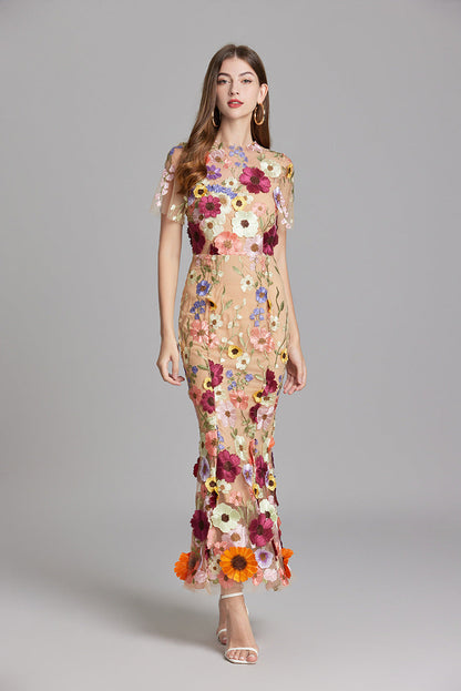 Dame Elegant Blomstret Broderet Gennemsigtig Maxikjole