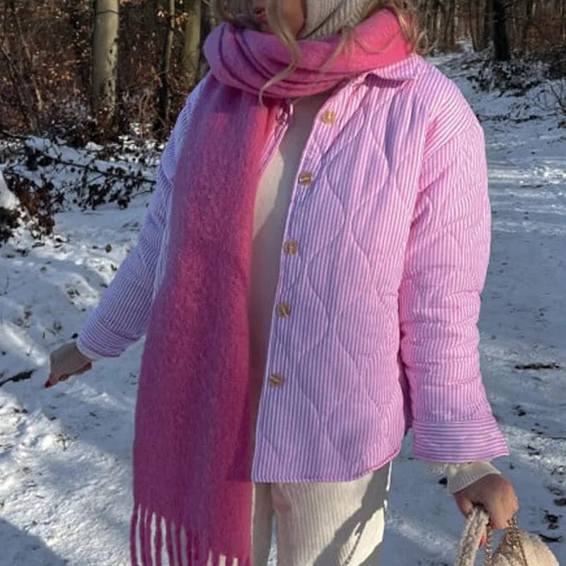 Celia - Dame oversized jakke med knaplukning og stribet