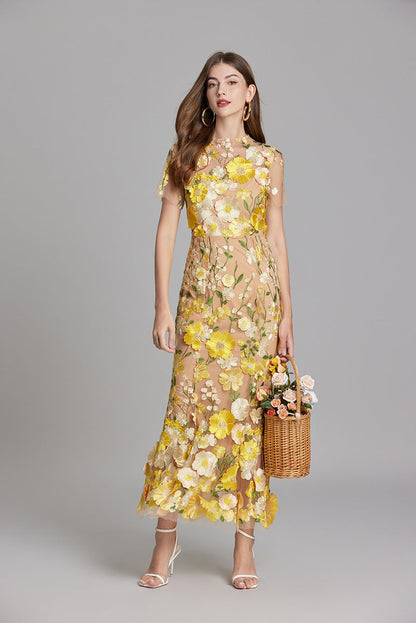 Dame Elegant Blomstret Broderet Gennemsigtig Maxikjole
