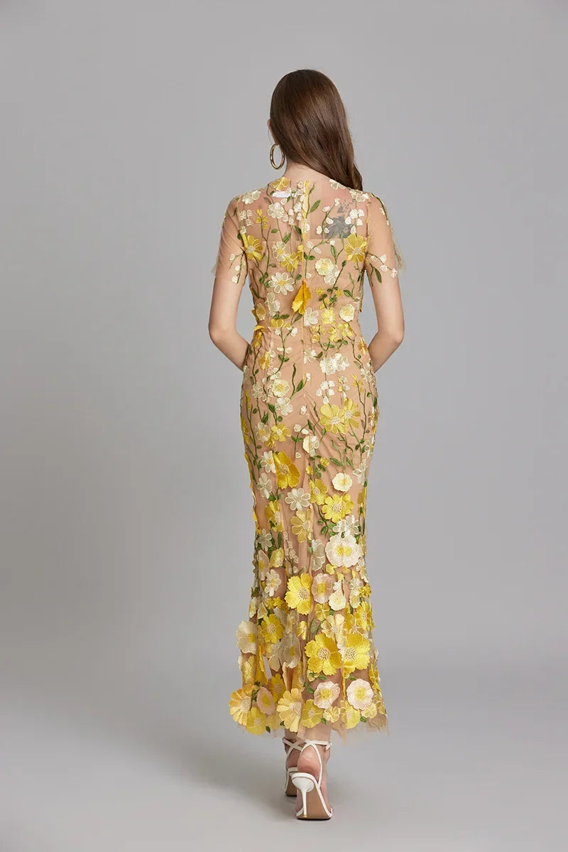 Dame Elegant Blomstret Broderet Gennemsigtig Maxikjole