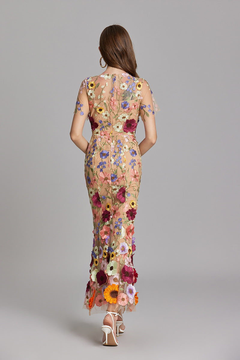 Dame Elegant Blomstret Broderet Gennemsigtig Maxikjole