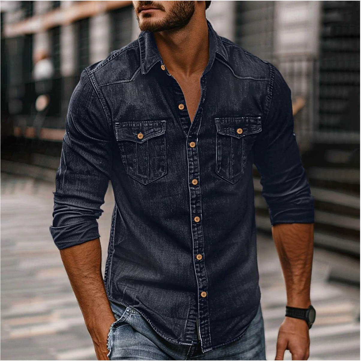 Casual Stilfuld Denimskjorte Til Mænd