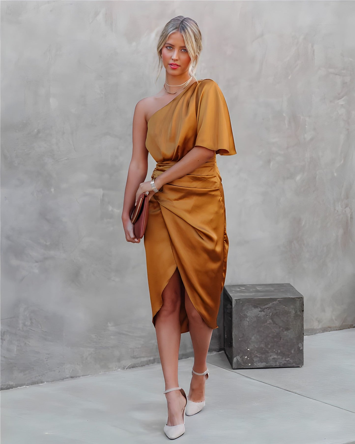 Dame Elegant Enskulder Draperet Satin Midikjole