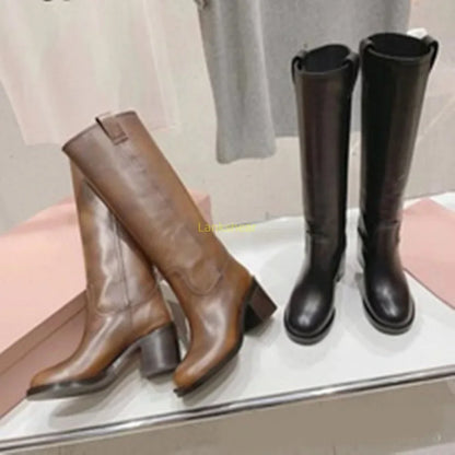 Dame Læder Knæhøje Støvler med Hæle