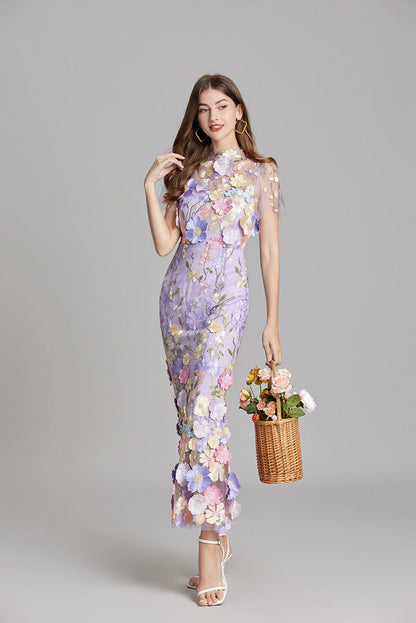 Dame Elegant Blomstret Broderet Gennemsigtig Maxikjole