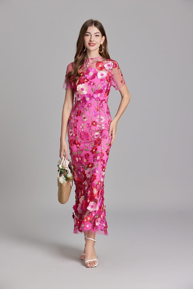 Dame Elegant Blomstret Broderet Gennemsigtig Maxikjole