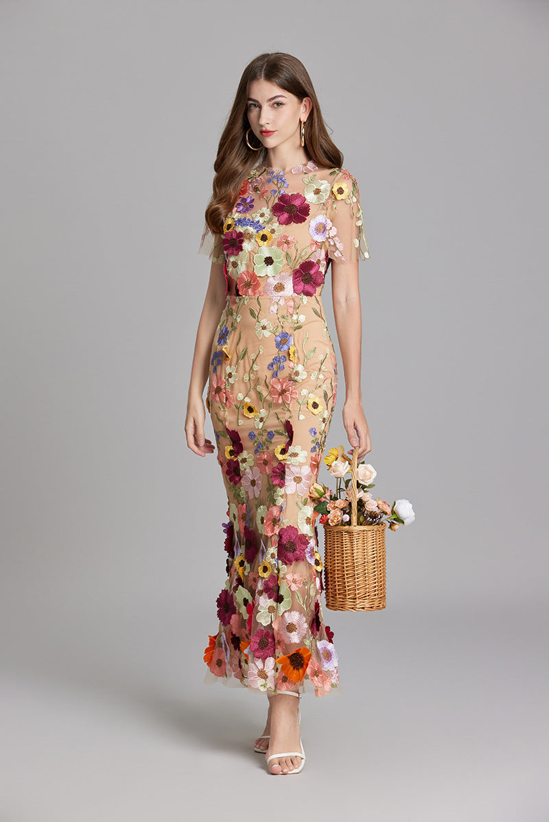 Dame Elegant Blomstret Broderet Gennemsigtig Maxikjole