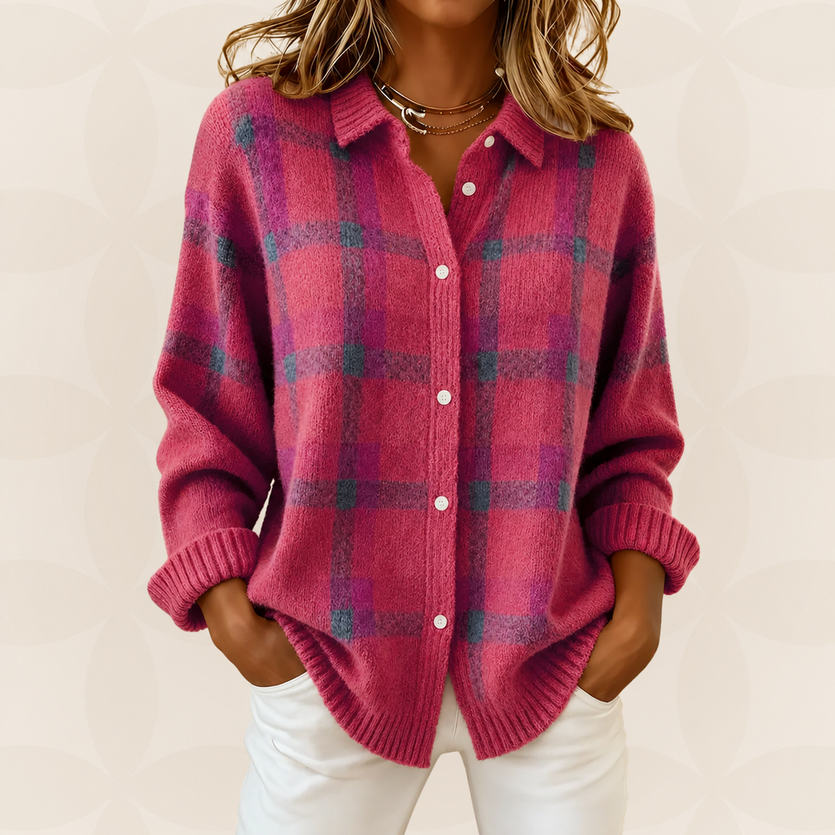 Hanne | Ternet sweater med skjortekrave, knapper og ribbede manchetter
