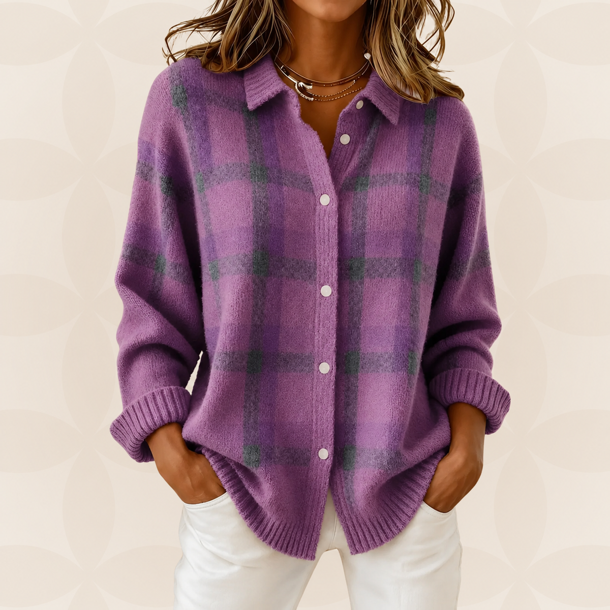 Hanne | Ternet sweater med skjortekrave, knapper og ribbede manchetter