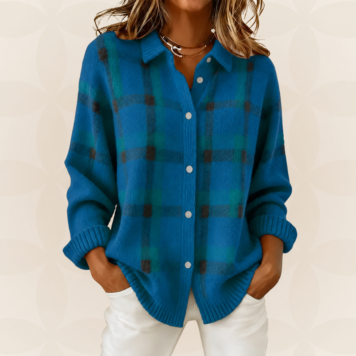 Hanne | Ternet sweater med skjortekrave, knapper og ribbede manchetter