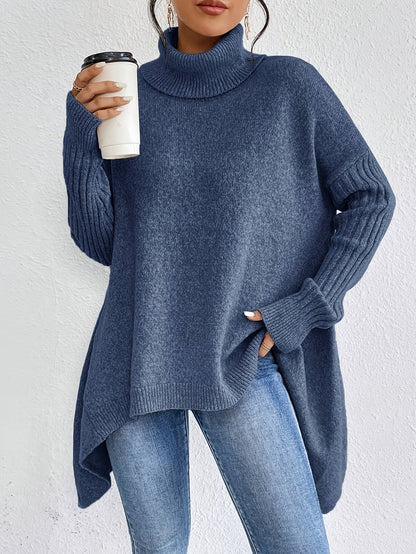 Line | Trøje med Varm Col, Ribdetaljer & High-Low Søm