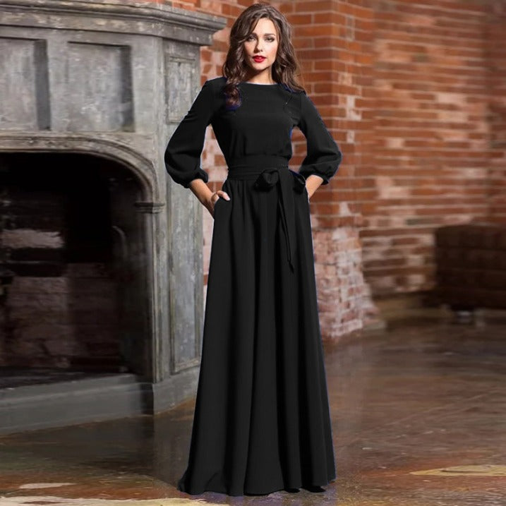 Dame Klassiske Maxikjole med Lange Ærmer til Fest