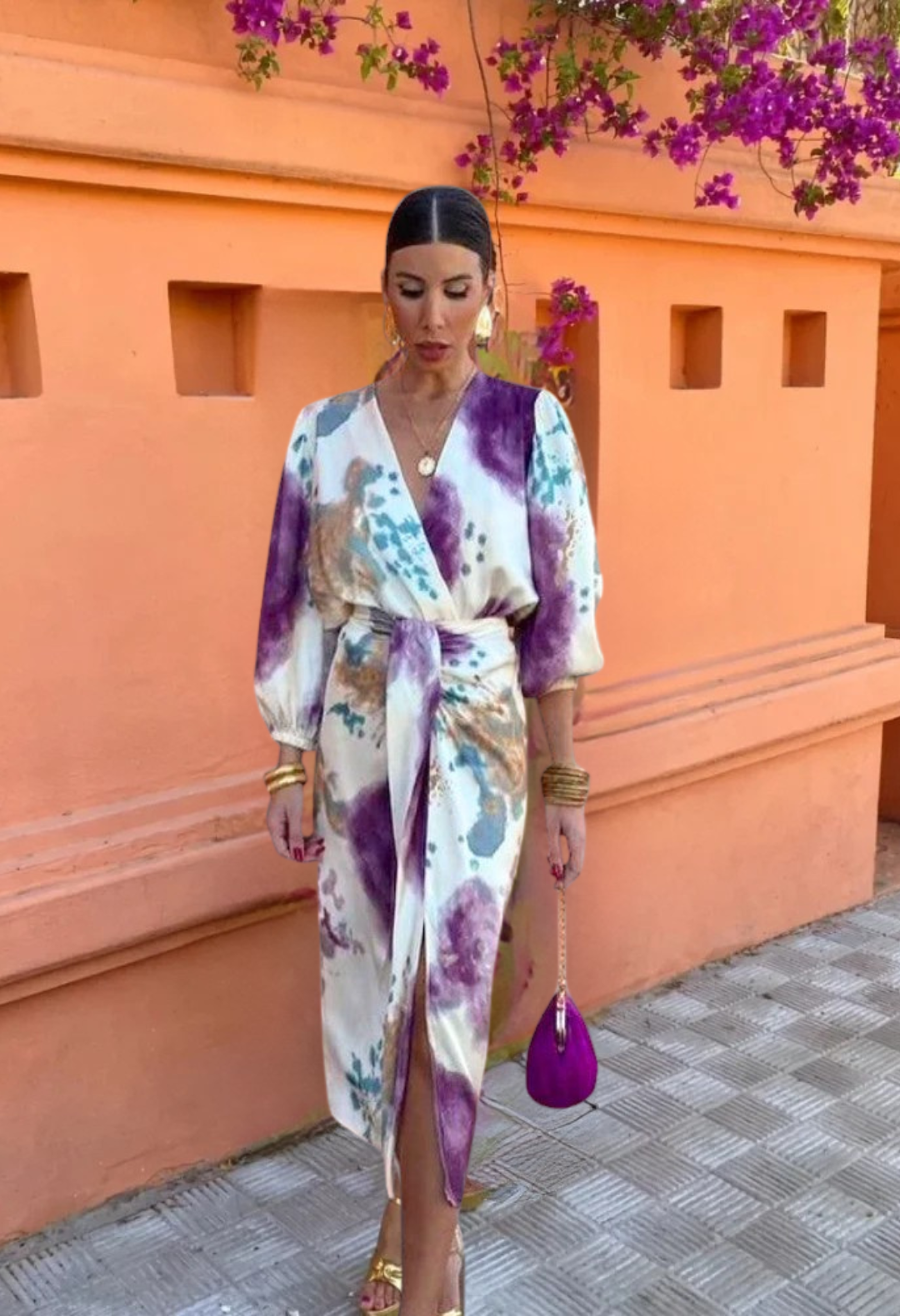 Moderne Elegant Batikfarvet Draperet Kjole