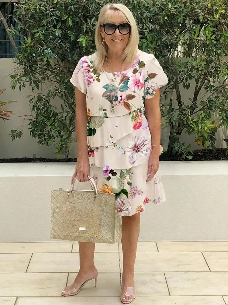 Dame Elegant Floral Lag-på-Lag Kjole