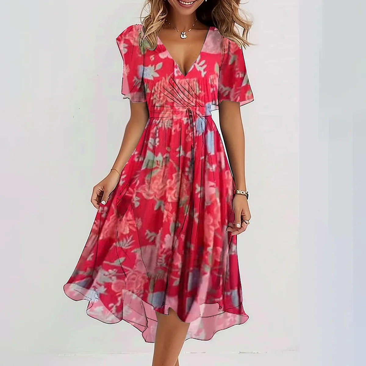 Stilfuld Blomstret Sommer Midi Kjole
