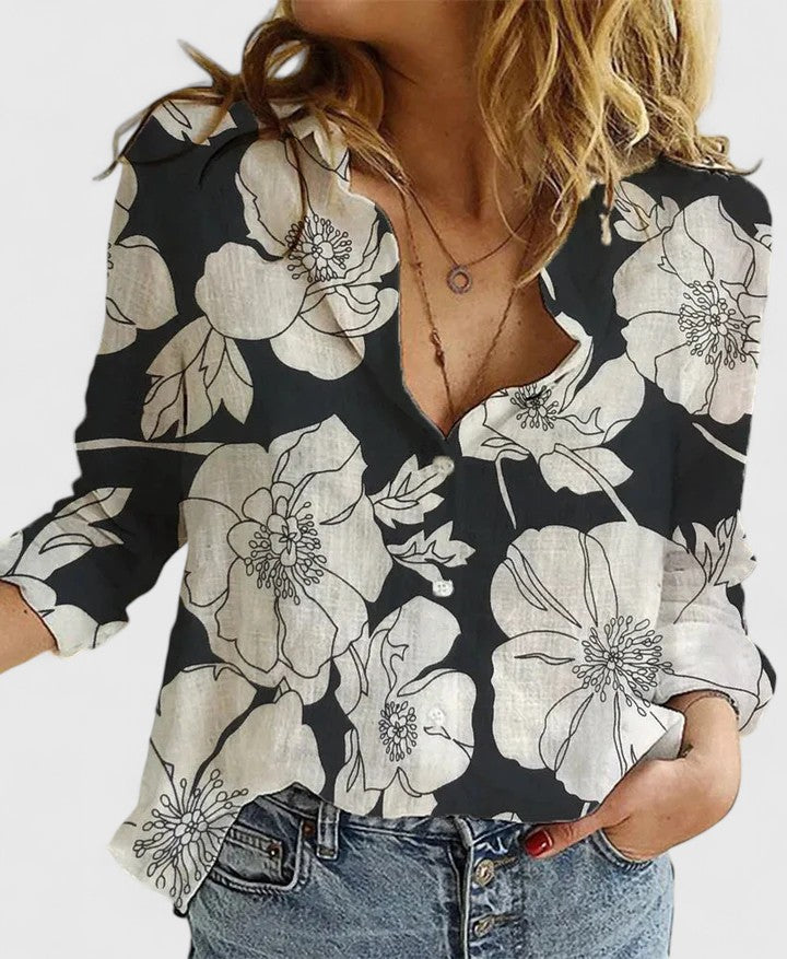 Dame Elegant Hør V-Hals Knappet Bluse