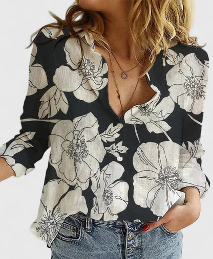 Dame Elegant Hør V-Hals Knappet Bluse