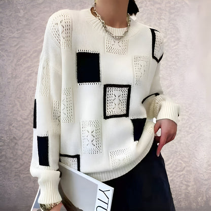 Elara - Langærmet pullover med geometrisk kvadratisk mønster