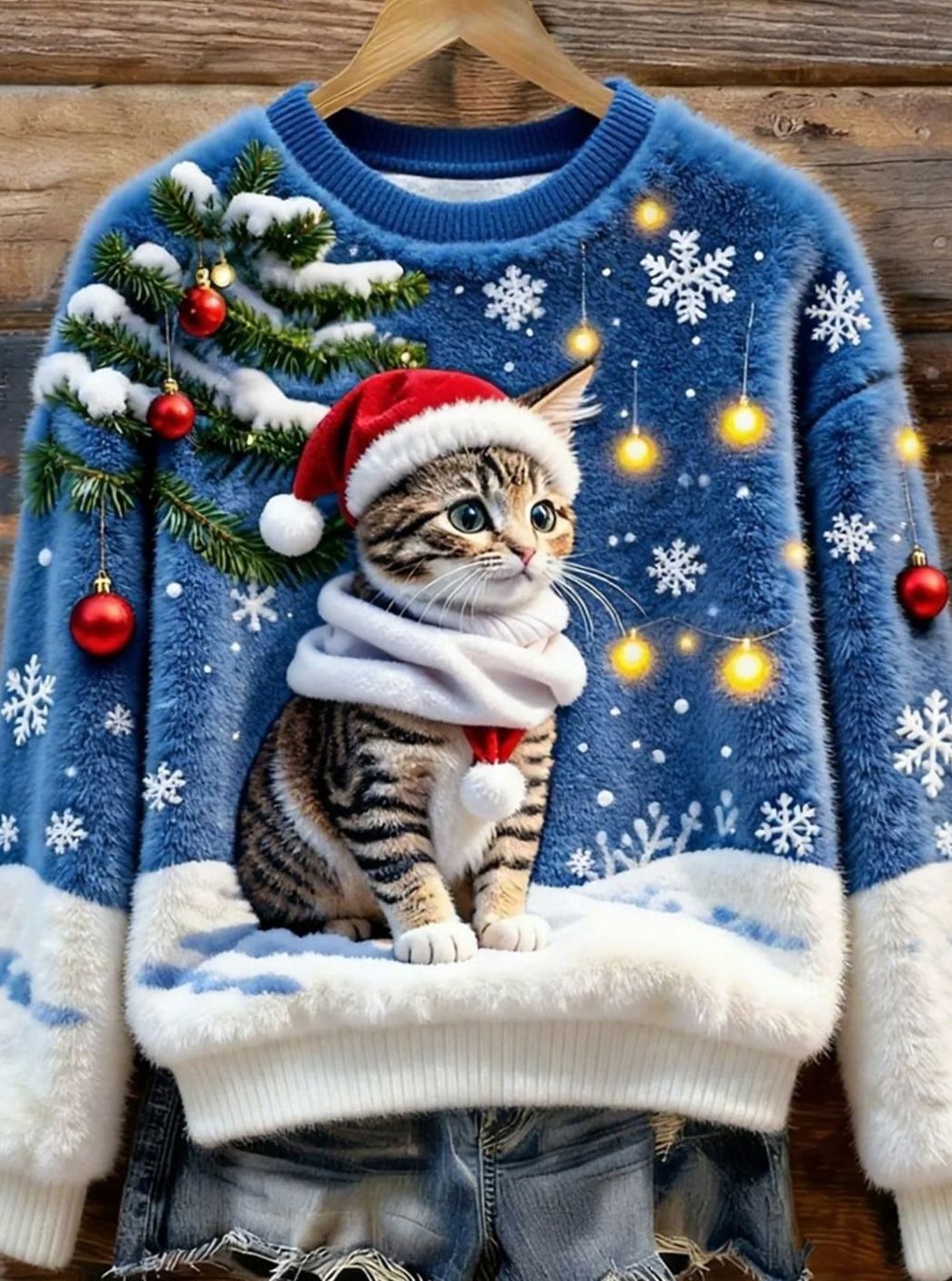 Elfie | Julesweatshirt i fleece med kattemotiv og rund hals