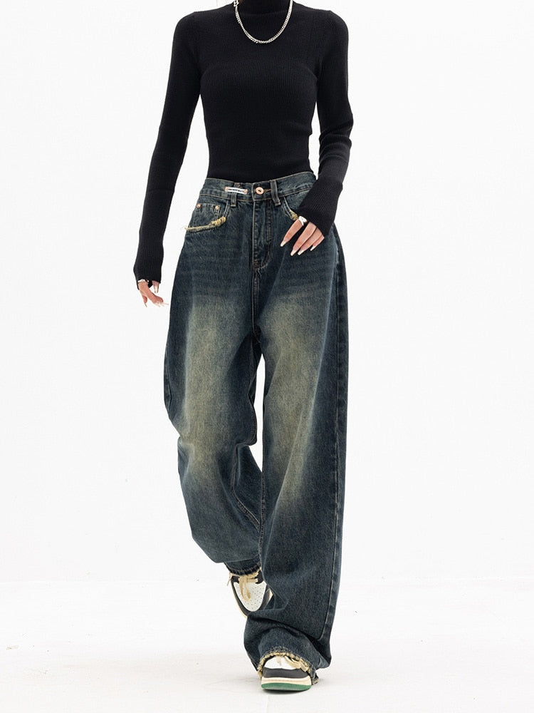 Dame Denim Bukser med Brede Ben og Vasket Look