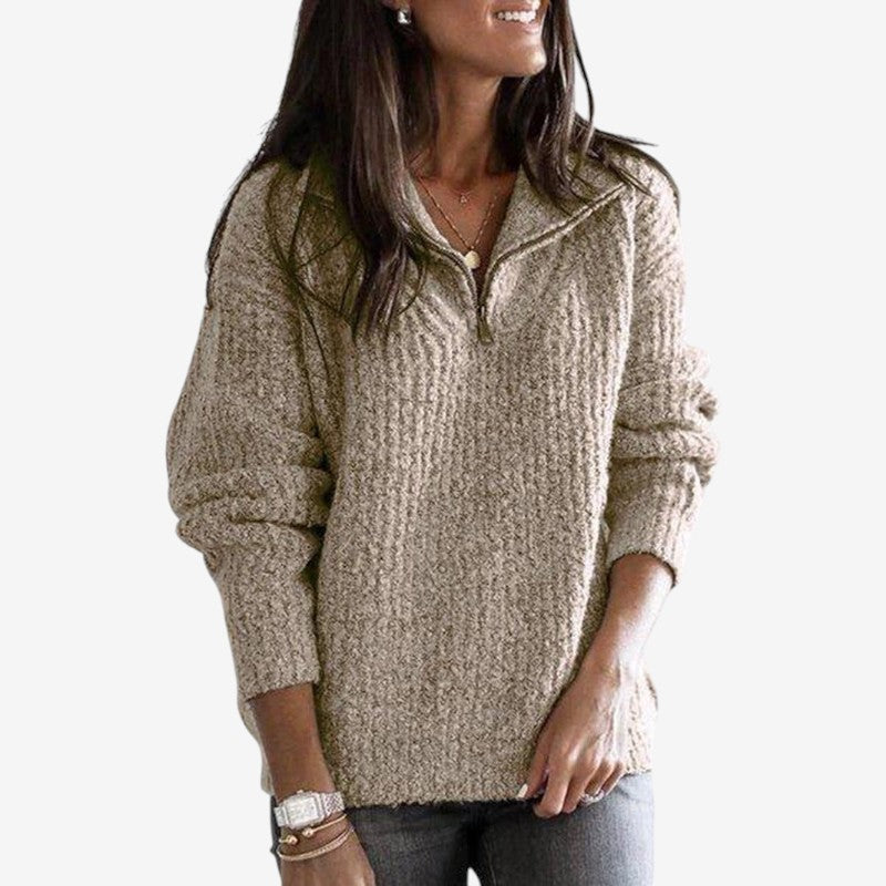 Dame Ribstrikket Sweater med Lynlås og Lange Ærmer