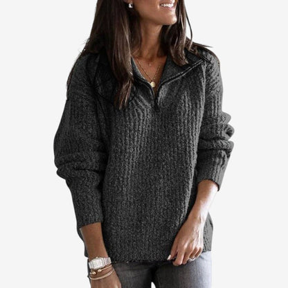 Dame Ribstrikket Sweater med Lynlås og Lange Ærmer