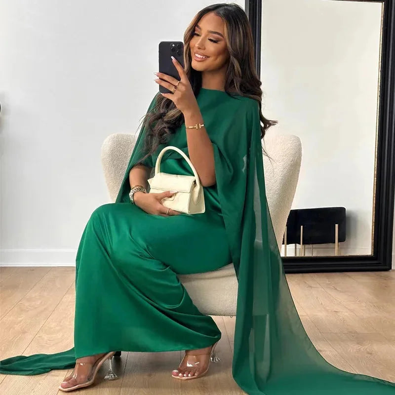 Dame Elegant Bryllupsgæst Cape Maxi Kjole