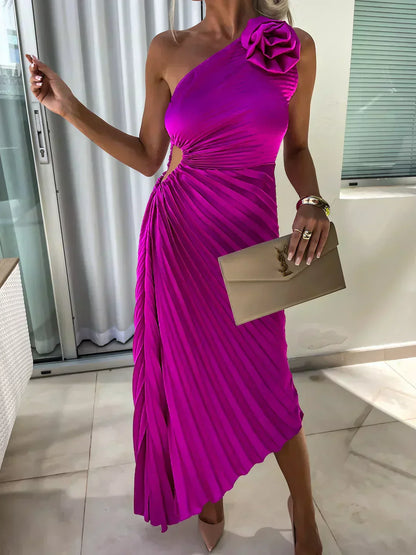 Dame Plisseret One-Shoulder Sommer Midi Kjole