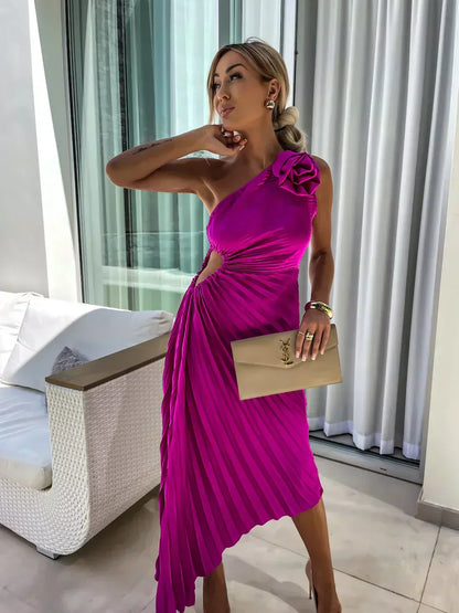 Dame Plisseret One-Shoulder Sommer Midi Kjole