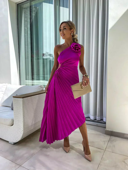 Dame Plisseret One-Shoulder Sommer Midi Kjole